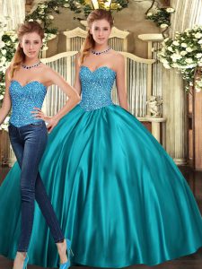 Floor Length Two Pieces Sleeveless Teal Quince Ball Gowns Lace Up