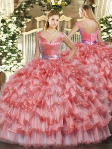 Amazing Floor Length Zipper Quinceanera Gown Watermelon Red for Military Ball and Sweet 16 and Quinceanera with Ruffled Layers