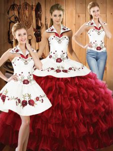 Wine Red Lace Up Sweet 16 Quinceanera Dress Embroidery and Ruffled Layers Sleeveless Floor Length
