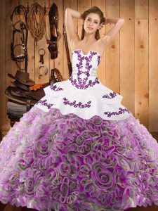 Custom Designed Satin and Fabric With Rolling Flowers Strapless Sleeveless Sweep Train Lace Up Embroidery Quinceanera Gown in Multi-color