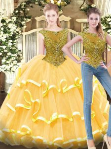 Artistic Floor Length Gold Quinceanera Gowns Bateau Sleeveless Zipper