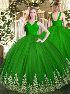 Custom Made Green Sleeveless Floor Length Appliques Zipper Sweet 16 Dresses