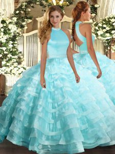 Customized Halter Top Sleeveless Quinceanera Dresses Floor Length Beading and Ruffled Layers Aqua Blue Organza