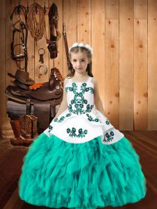 Sleeveless Floor Length Embroidery and Ruffles Lace Up Kids Formal Wear with Aqua Blue