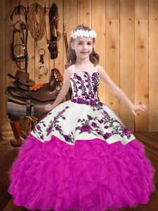 Affordable Embroidery and Ruffles Child Pageant Dress Fuchsia Lace Up Sleeveless Floor Length