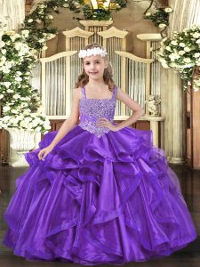 Purple Ball Gowns Organza Straps Sleeveless Beading and Ruffles Floor Length Lace Up Pageant Gowns For Girls