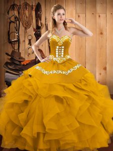 Unique Gold Sleeveless Embroidery and Ruffles Floor Length Quinceanera Dress