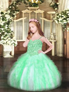 Apple Green Ball Gowns Spaghetti Straps Sleeveless Organza Floor Length Lace Up Appliques and Ruffles Little Girls Pageant Dress Wholesale