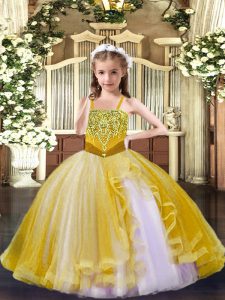 High Class Gold Sleeveless Floor Length Beading Lace Up Kids Pageant Dress