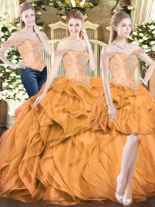 Edgy Orange Red Quinceanera Dresses Military Ball and Sweet 16 and Quinceanera with Beading and Ruffles Off The Shoulder Sleeveless Lace Up