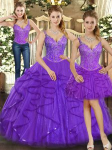 Decent Straps Sleeveless Sweet 16 Quinceanera Dress Floor Length Beading and Ruffles Purple Organza