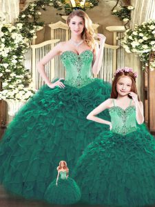Customized Sleeveless Floor Length Beading and Ruffles Lace Up Ball Gown Prom Dress with Dark Green