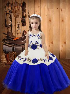 New Style Blue Organza Lace Up Straps Sleeveless Floor Length Pageant Dress Toddler Embroidery