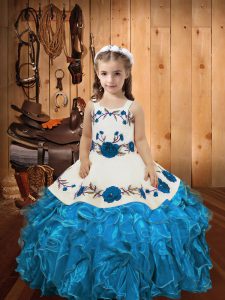 Cute Sleeveless Lace Up Floor Length Embroidery and Ruffles Kids Pageant Dress