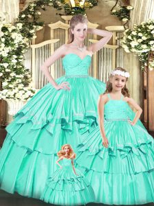 Sweetheart Sleeveless 15th Birthday Dress Floor Length Ruffles Turquoise Organza