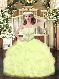 Yellow Ball Gowns Straps Sleeveless Organza Floor Length Lace Up Beading and Ruffles Little Girl Pageant Gowns