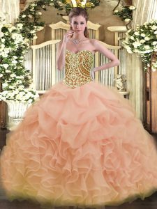 Peach Sleeveless Organza Lace Up Quinceanera Dress for Military Ball and Sweet 16 and Quinceanera