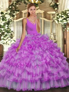 Affordable Organza V-neck Sleeveless Backless Ruffled Layers Quinceanera Dress in Lilac