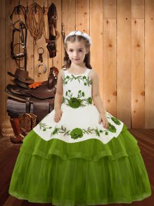Olive Green Straps Neckline Embroidery and Ruffled Layers Little Girl Pageant Dress Sleeveless Lace Up