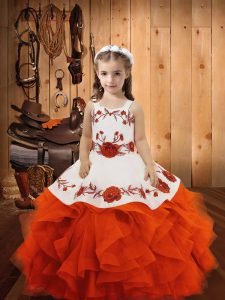 Straps Sleeveless Little Girls Pageant Dress Floor Length Embroidery and Ruffles Orange Red Tulle