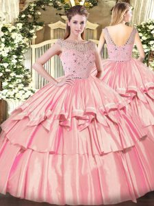 Vintage Rose Pink Bateau Zipper Beading and Ruffled Layers Sweet 16 Dress Sleeveless