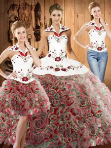 Modest Fabric With Rolling Flowers Halter Top Sleeveless Sweep Train Lace Up Embroidery Ball Gown Prom Dress in Multi-color