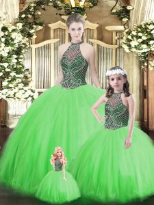Discount Tulle Halter Top Sleeveless Lace Up Beading Quinceanera Dress in Green