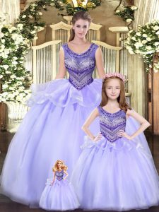 Ideal Lavender Scoop Lace Up Beading and Ruching Quinceanera Dress Sleeveless