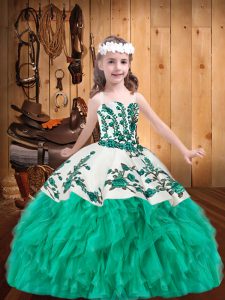 Classical Turquoise Ball Gowns Organza Straps Sleeveless Embroidery and Ruffles Floor Length Lace Up Little Girls Pageant Gowns