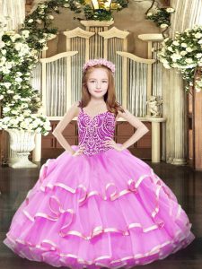 Floor Length Lace Up Little Girls Pageant Gowns Lilac for Party and Quinceanera with Beading and Ruffled Layers