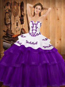 Suitable Purple Sweet 16 Dresses Military Ball and Sweet 16 and Quinceanera with Embroidery and Ruffled Layers Strapless Sleeveless Sweep Train Lace Up
