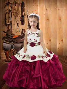 Attractive Sleeveless Floor Length Embroidery and Ruffles Lace Up Girls Pageant Dresses with Red