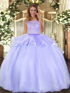 Trendy Lavender Ball Gowns Scoop Sleeveless Organza Floor Length Clasp Handle Lace Quinceanera Gown