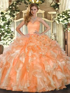 Orange Organza Lace Up Sweetheart Sleeveless Floor Length Quinceanera Dresses Beading and Ruffles