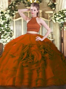 Rust Red Two Pieces Tulle Halter Top Sleeveless Beading and Ruffles Floor Length Backless Quince Ball Gowns