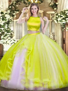 Luxurious Yellow Green Sleeveless Tulle Criss Cross 15 Quinceanera Dress for Military Ball and Sweet 16 and Quinceanera
