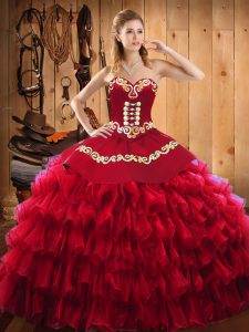 Admirable Sweetheart Sleeveless Lace Up Vestidos de Quinceanera Wine Red Satin and Organza