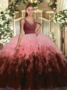 Perfect Multi-color Ball Gowns V-neck Sleeveless Tulle Floor Length Backless Ruffles Quince Ball Gowns