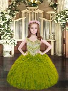 Olive Green Sleeveless Beading and Ruffles Floor Length Kids Formal Wear