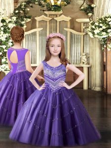 Lavender Lace Up Little Girl Pageant Dress Beading Sleeveless Floor Length