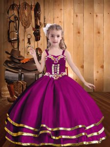 Fashionable Organza Straps Sleeveless Lace Up Beading and Ruffled Layers Little Girls Pageant Dress in Fuchsia