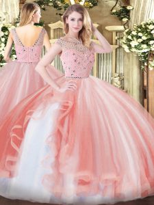 Dramatic Peach Zipper Sweet 16 Quinceanera Dress Beading and Ruffles Sleeveless Floor Length