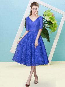 Delicate Royal Blue Empire Lace V-neck Half Sleeves Bowknot Tea Length Lace Up Quinceanera Dama Dress