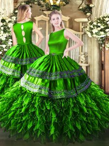 Fashionable Ball Gowns 15 Quinceanera Dress Green Scoop Satin and Organza Sleeveless Floor Length Clasp Handle