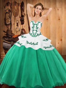 High End Turquoise Sleeveless Satin and Organza Lace Up Quinceanera Gown for Military Ball and Sweet 16 and Quinceanera
