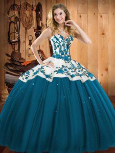 Satin and Tulle Sweetheart Sleeveless Lace Up Embroidery Quinceanera Gowns in Teal
