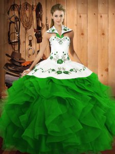Discount Floor Length Lace Up Vestidos de Quinceanera Green for Military Ball and Sweet 16 and Quinceanera with Embroidery and Ruffles