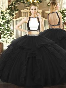 Black Sleeveless Floor Length Ruffled Layers Backless Vestidos de Quinceanera