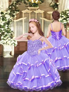 Lavender Ball Gowns Organza Spaghetti Straps Sleeveless Appliques and Ruffled Layers Floor Length Lace Up Little Girl Pageant Dress