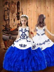 On Sale Royal Blue Ball Gowns Embroidery and Ruffles Pageant Gowns For Girls Lace Up Organza Sleeveless Floor Length